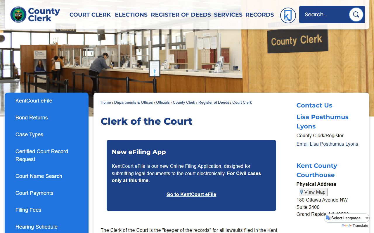 Kent County clerk page that names Lisa Posthumus Lyons as County Clerk and Register