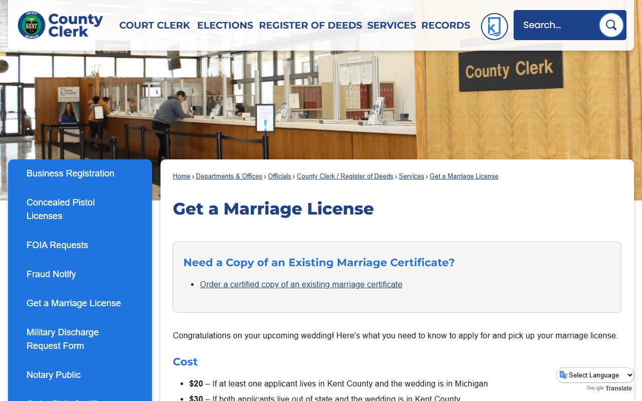 Kent County clerk marriage license page with fees and pickup rules
