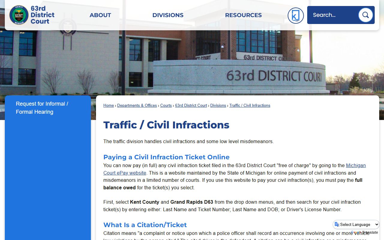 Kent County traffic court page for the 63rd District Court with ePay and hearing options