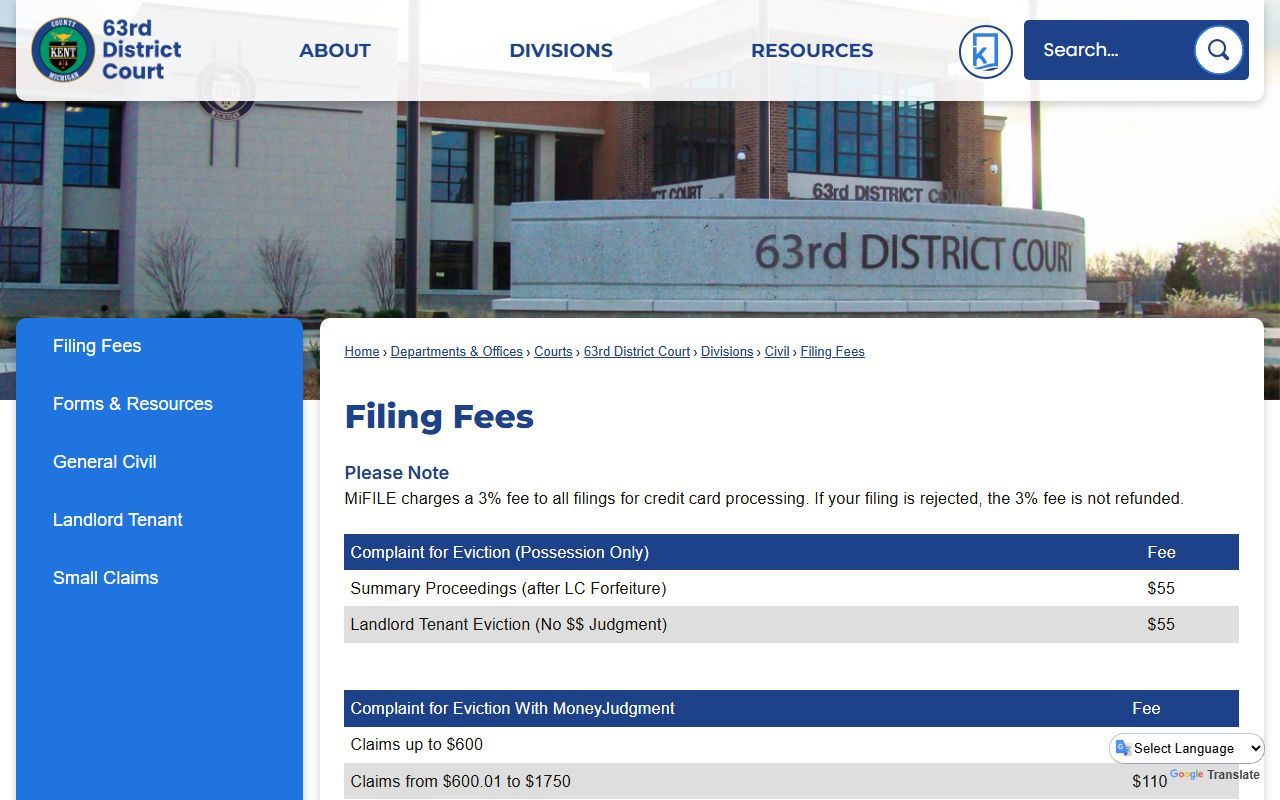 Kent County 63rd District Court filing fees for court records