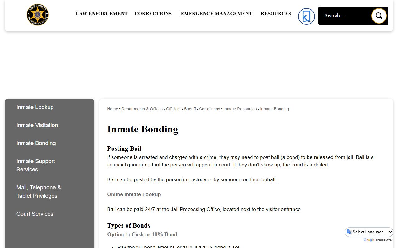 Kent County inmate bonding page for inmate records