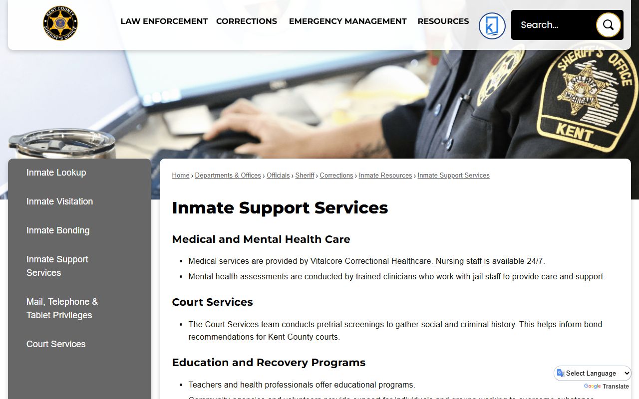 Kent County inmate support services for inmate records