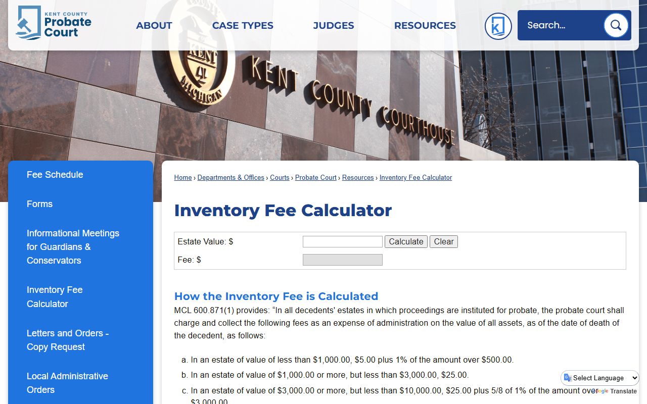 Kent County probate records inventory fee calculator