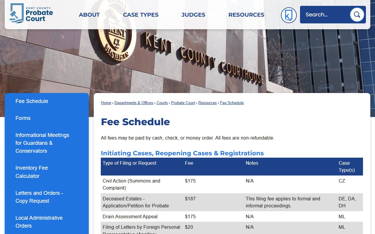 Kent County probate records fee schedule page