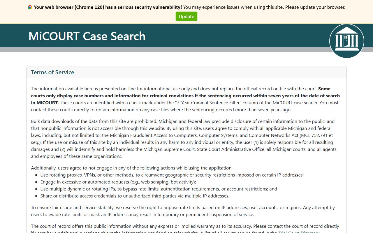 MiCOURT case search portal used to find Kent County warrant entries on the docket