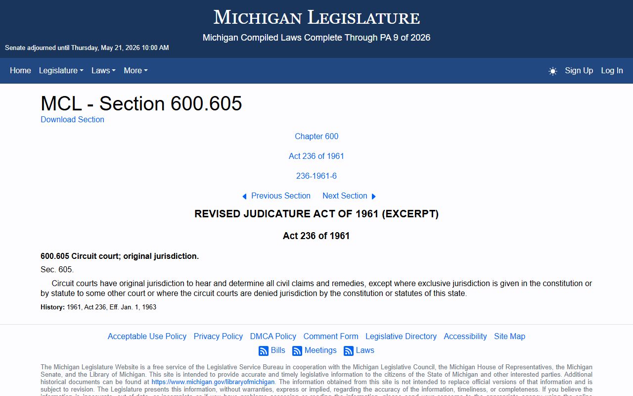 Michigan MCL 600.605 Circuit Court jurisdiction statute for Kent County