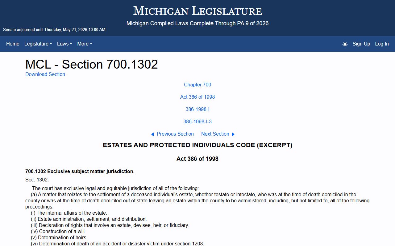 Kent County probate records jurisdiction under MCL 700.1302