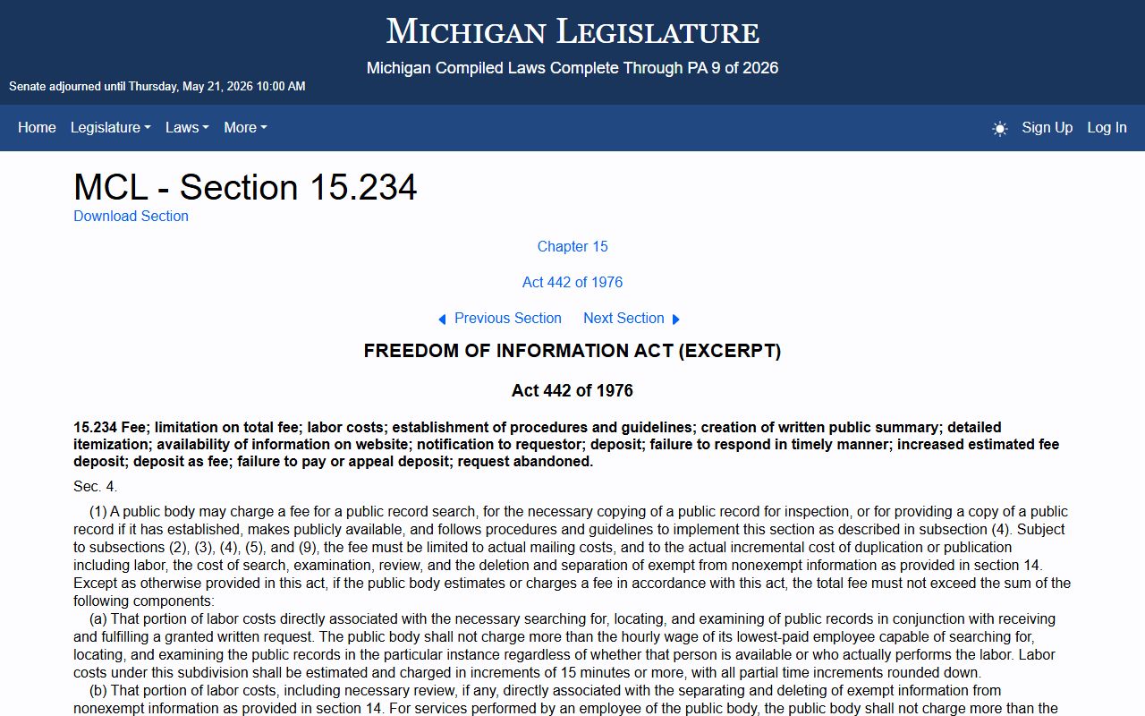 Michigan FOIA fee statute that governs Kent County public records charges