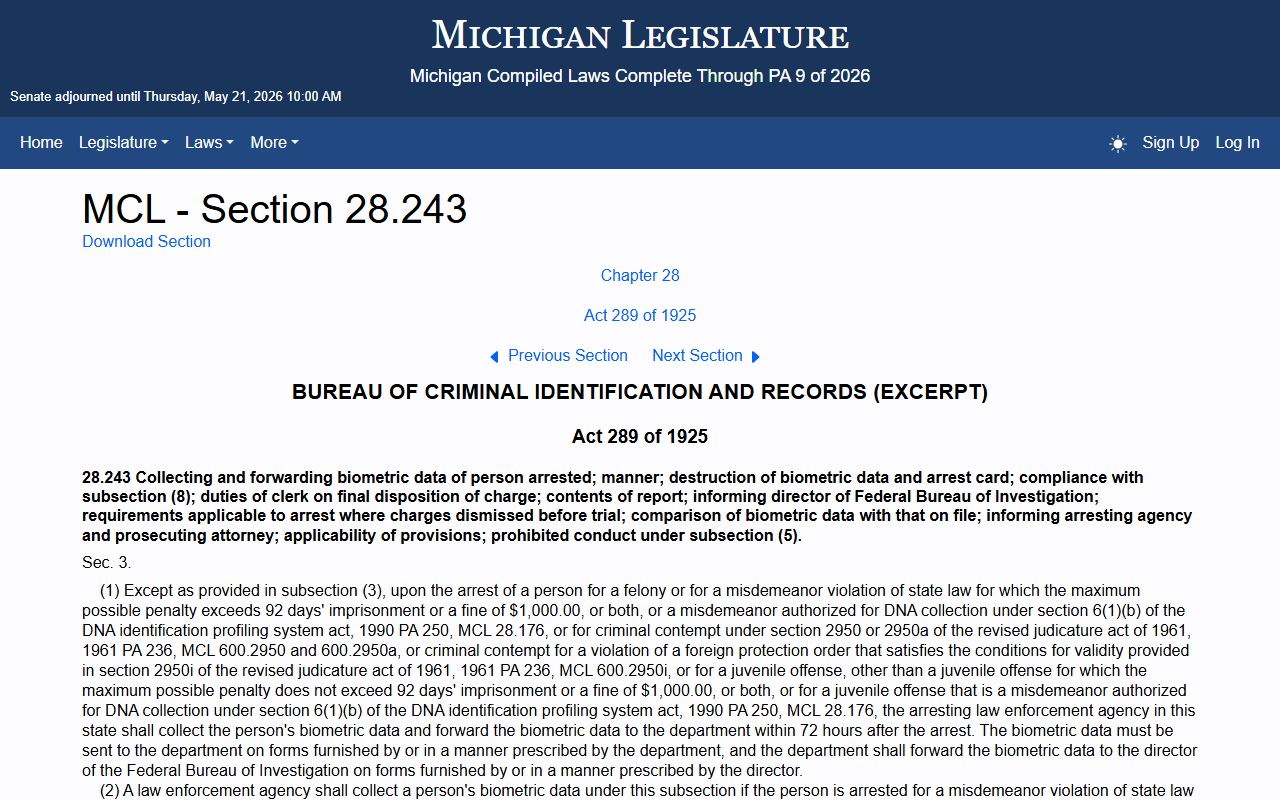 Michigan criminal history dissemination statute for Kent County public records