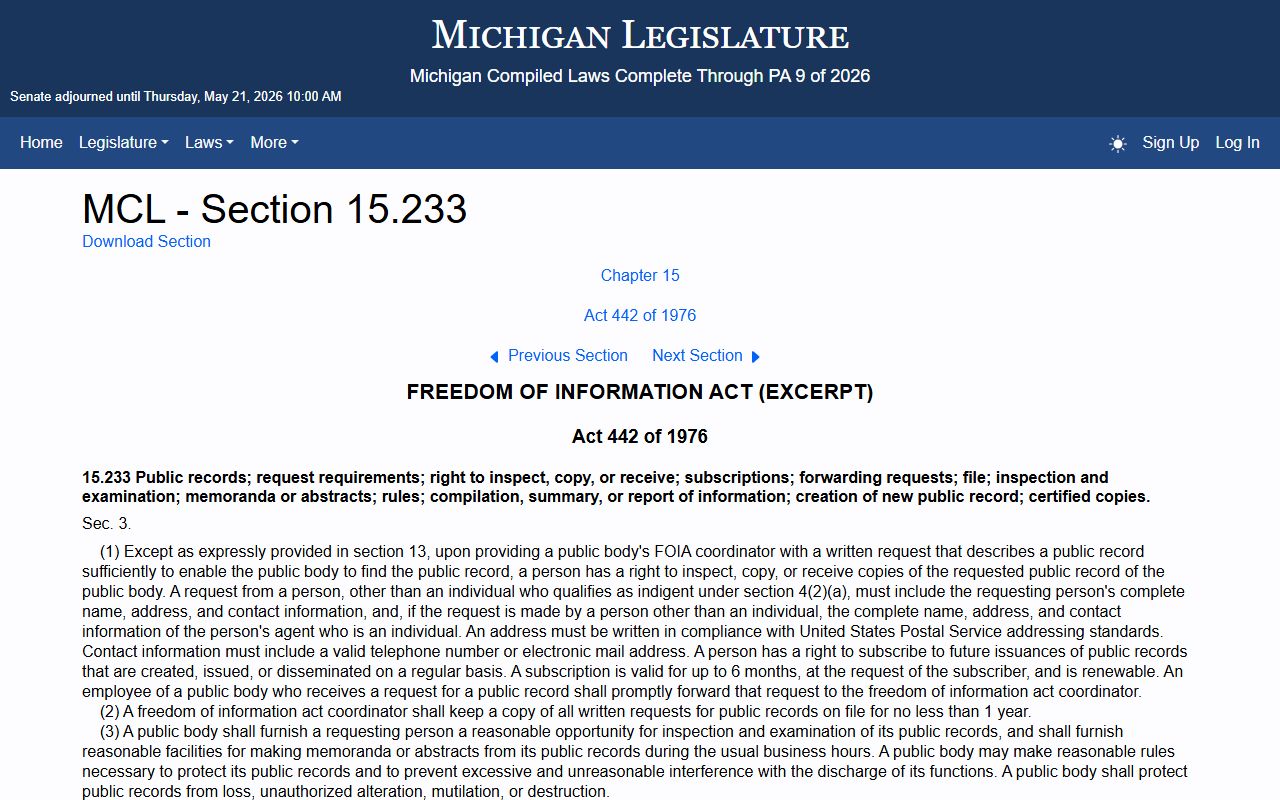 Michigan FOIA inspection and copy rights for Kent County public records