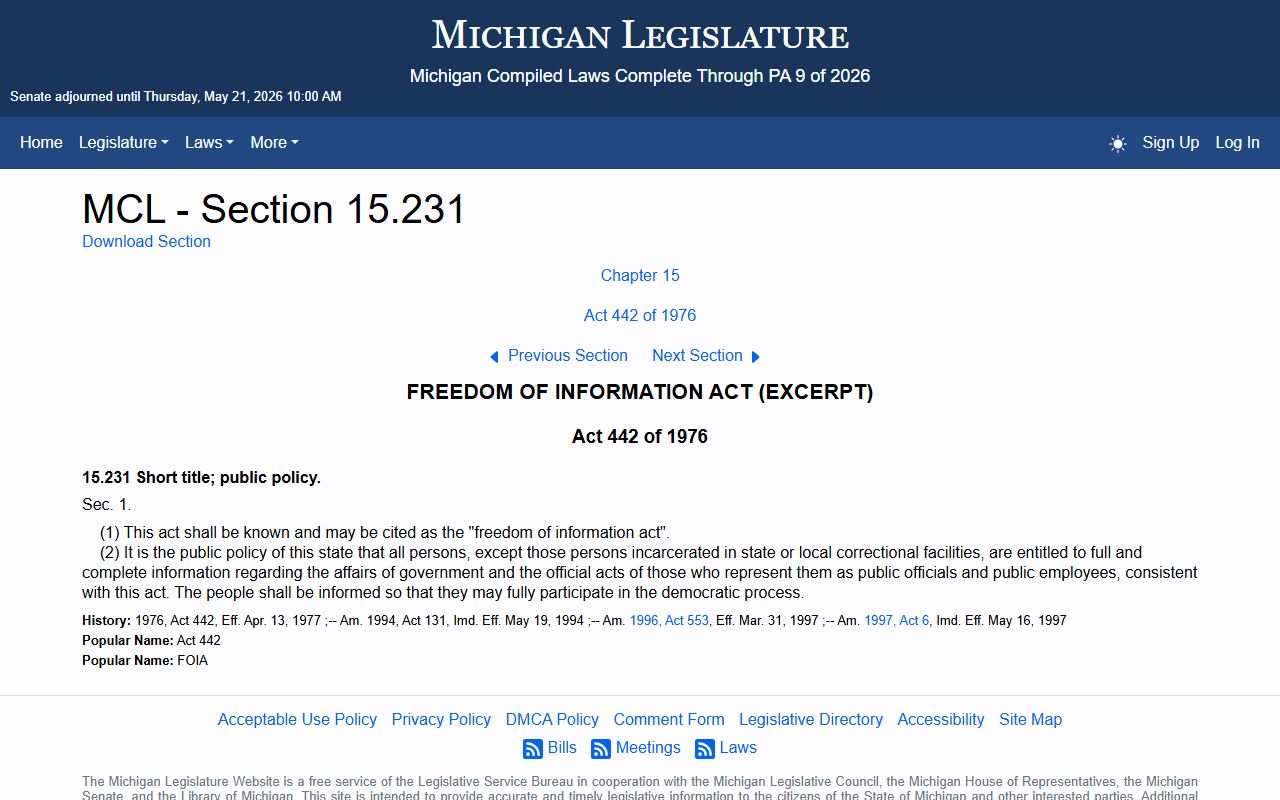 Michigan FOIA policy page for Kent County court records access